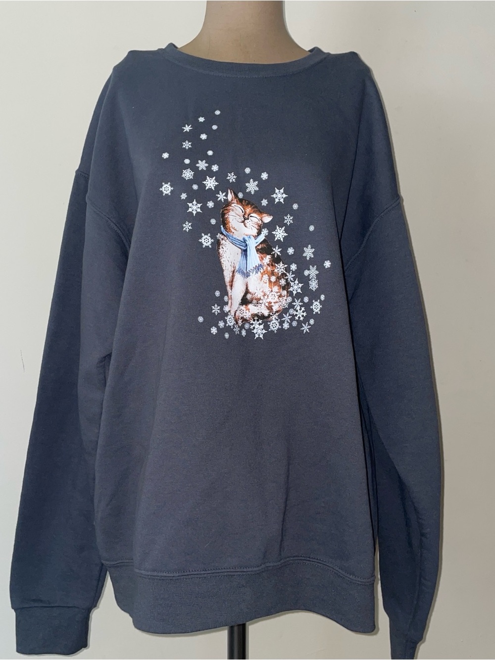 Jerzees Navy Crewneck Sweatshirt with Cat & Snowflake Design
